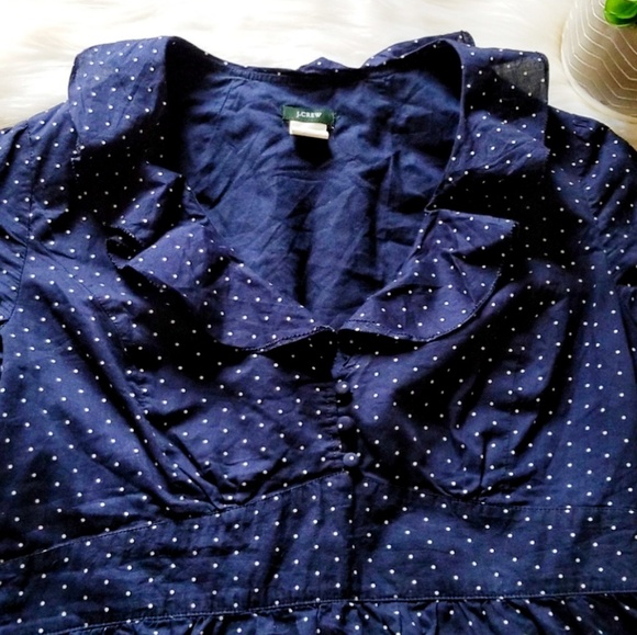J. Crew Navy Blue Ruffle Polka Dot Cotton Blouse - Picture 2 of 8